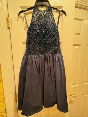 Sherri Hill Navy Beaded Halter Formal Dress